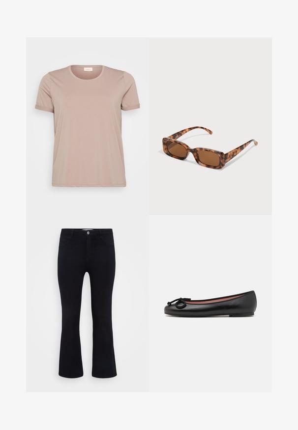 Hele roosa lühikeste varrukatega T-särk ümmarguse kaelusega ja keeratud varrukatega, mis on valmistatud siledast ja pehmest kangast. Mõjutusi või aktsente pole nähtaval.; ONLY Carmakoma CARTHUNDER PUSH UP - Alt laienevad teksad - black denim; Mustadest nahast balleti kingad ümmarguse varbaga, kaunistatud dekoratiivse lipsuga ja siledast tekstuurist. Minimalistlik disain madala, lame tallaga.; Kilpkonna kestaga prillid, millel on ristkülikukujulised pruuni värvi objektiivid, paks raam ja peened käed, millel on erinevate pruunide toonide muster.; Hõbedased rõngaskõrvarõngad, millel on sile, läikiv viimistlus. Ümmargune kuju ja turvaline klõpsulatus. Kerge disain, sobib igapäevaseks kandmiseks.