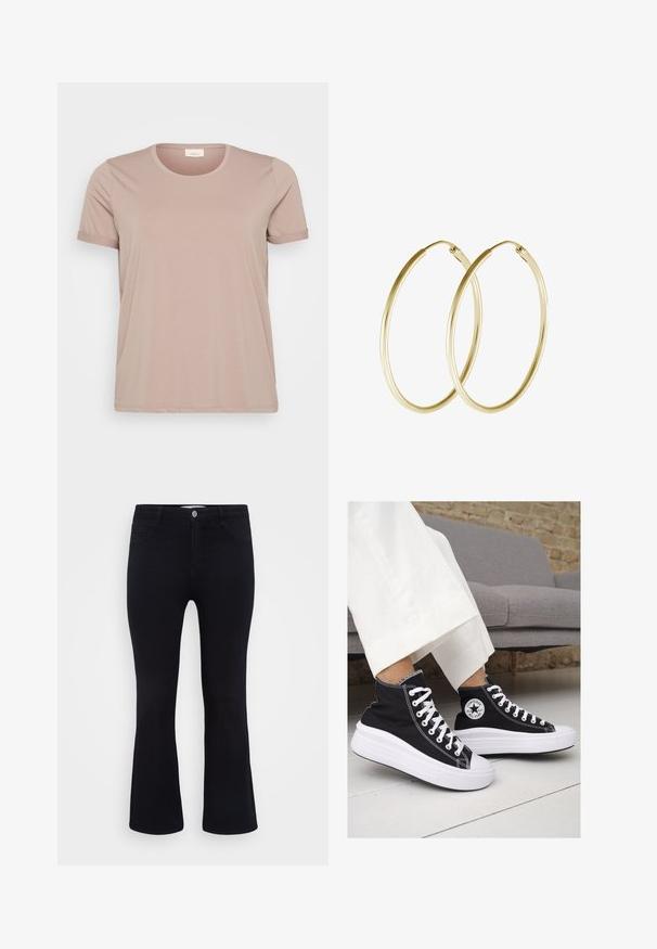 Světle růžové tričko s krátkým rukávem a kulatým výstřihem, s ohrnutými rukávy, vyrobené z hladké, měkké látky. Žádné viditelné vzory ani akcenty.; ONLY Carmakoma CARTHUNDER PUSH UP - Široké džíny - black denim; Černé vysoké plátěné tenisky s bílými gumovými podrážkami a tkaničkami. Na boku mají kulaté logo a kontrastní bílé švy.; Zlaté kruhové náušnice s hladkým, zaobleným designem a lesklým povrchem. Lehké provedení s bezpečným zapínáním.