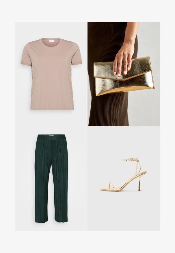 Vaaleanpunainen lyhythihainen T-paita, jossa on pyöreä kaula-aukko ja käärityt hihat, valmistettu sileästä ja pehmeästä kankaasta. Ei näkyviä kuvioita tai yksityiskohtia.; Tummanvihreät laskostetut leveät housut, joissa on elastinen vyötärö, esillä yksinkertaisella valkoisella taustalla.; Kultaiset metalliset korkokengät, joissa on neliön muotoinen varvas, ohut nilkkahihna ja tyylikäs, minimalistinen muotoilu kiiltävällä pinnalla.; Kultainen metallinen käsilaukku, jossa on sileä pinta ja kolmiomainen läppä suljin. Käsivarsi, joka pitää sitä, on siististi hoidettuine kynsineen.