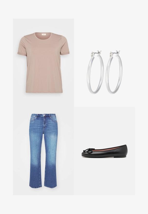 Hele roosa lühikeste varrukatega T-särk ümmarguse kaelusega ja keeratud varrukatega, mis on valmistatud siledast ja pehmest kangast. Mõjutusi või aktsente pole nähtaval.; Denim teksad heledast kuni keskmise sinise gradientiga. Omab sirge lõikega sääri, viit taskut ja õmblustega kaunistusi õmbluste ääres.; Mustadest nahast balleti kingad ümmarguse varbaga, kaunistatud dekoratiivse lipsuga ja siledast tekstuurist. Minimalistlik disain madala, lame tallaga.; Hõbedased rõngaskõrvarõngad, millel on sile, läikiv viimistlus. Ümmargune kuju ja turvaline klõpsulatus. Kerge disain, sobib igapäevaseks kandmiseks.