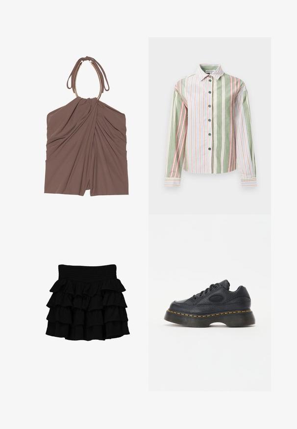 Bruine stoffen top met geplooide draping en een uniek halternekontwerp. Kenmerkt een gladde textuur en een elegante silhouet.; Gestreept overhemd in groen, wit en roze. Heeft een kraag, lange mouwen en een afgeronde zoom met contrasterende manchetten en knopen.; Zwarte roezelrok met een smock tailleband, gemaakt van een zachte stof met gelaagde, watervalroezels voor extra textuur.; Zwarte leren sneaker met een gestructureerde afwerking, ronde neus en een dikke platformzool. Bevat gele accentstiksels en een merklogo aan de zijkant.