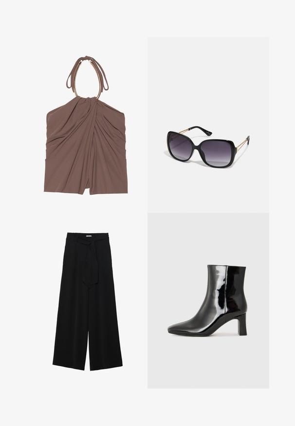 Brūns auduma tops ar savelkšanu un unikālu halter stila kakla dizainu. Iespējas gluda tekstūra un eleganta silueta.; Melni platleņķa bikses ar teksturētu audumu, elastīgu jostu un noņemamu siksnu viduklī, kas nodrošina regulējamu piegulšanu.; Melnas patentētas ādas potīšu zābaki ar norādītu pirkstu un vidēja augstuma kvadrātveida papēdi. Gluda tekstūra un minimālisma dizains.; Melni pārmērīgi lieli saulesbrilles ar gradāciju lēcām, biezām rāmja malām un zeltainas krāsas ķēžu detaļām uz tempļiem.; Melnā somiņa ar strukturētu formu, gludu tekstūru un metālu sprādzi. Saskaņota ar platām melnām biksēm un sandālēm ar atvērtu purngalu uz koka grīdas.