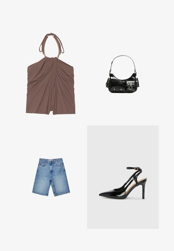 Hnědý látkový top s nařasením a unikátním designem za krk. Má hladkou texturu a elegantní siluetu.; Džínové šortky ve světle modré barvě, s klasickým designem pěti kapes, zipovým zapínáním a jemným vyblednutím. Rovný střih s ohrnutými okraji.; Černé lakované kožené lodičky na vysokém podpatku s špičatou špičkou, nastavitelným páskem kolem kotníku a otevřenými stranami. Hladká textura.; Černá lakovaná kožená kabelka s křivkovým tvarem, jedním ramenním popruhem, předními kapsami a stříbrnými kovovými detaily.