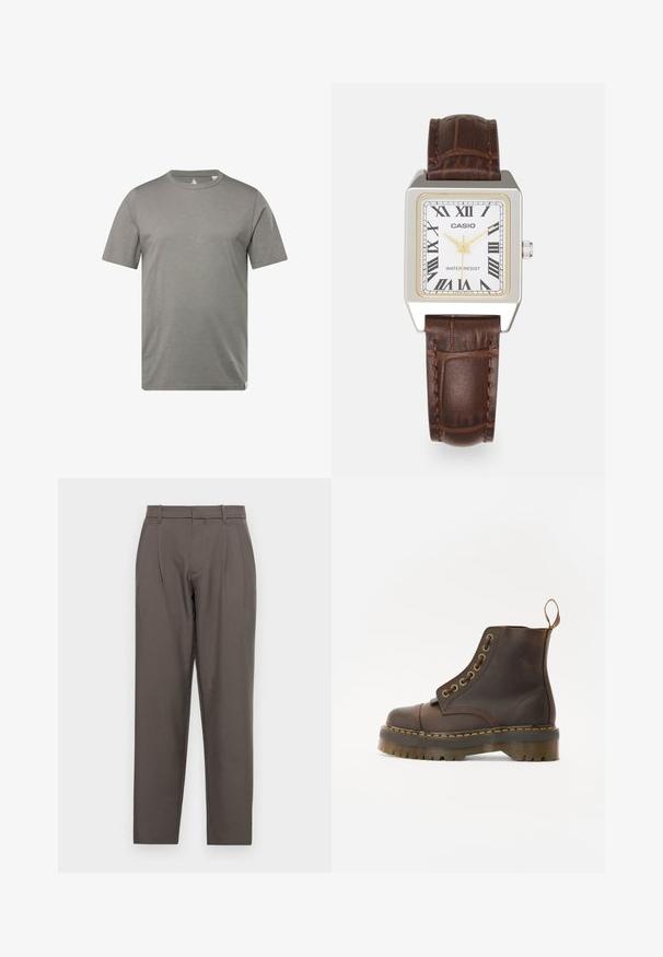Graues kurzärmeliges T-Shirt aus weichem, atmungsaktiven Stoff. Mit einem runden Halsausschnitt und einem Etikett in der unteren linken Ecke.; Jack & Jones JPSTBILL JJDAYTONA WIDE - Stoffhose - pavement; Braune Leder-Ankleboots mit runder Spitze, kontrastierenden gelben Nähten, dekorativen Metallösen und rutschfester Gummisohle.; Rechteckige Casio-Uhr mit weißem Zifferblatt, goldenen Akzenten, römischen Ziffern und einem braunen Lederarmband im Krokodil-Muster. Wasserdichtes Design.; Silberne Creolen mit großen, runden, weißen Perlen. Das Design bietet eine glatte Textur und einen sicheren Verschluss zur Befestigung.