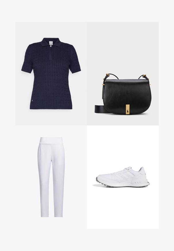 Sötétkék, rövid ujjú polo póló textúrás, kábel mintás kidolgozással, gombos gallérral és egy kis logóval az alján.; Fehér, testhezálló nadrág, széles derékrésszel, sima felülettel és látható zsebek vagy minták nélkül, kicsit szűkülő lábszárral.; Fehér sportcipő, texturált hálós felsőrésszel, oldalán három csíkkal, párnázott nyakkal, valamint gumitalppal, amely tapadást biztosító tüskékkel van ellátva.; Fekete bőr keresztpántos táska arany tónusú fém kiegészítővel és állítható pánttal, sima textúrával és ívelt formával.