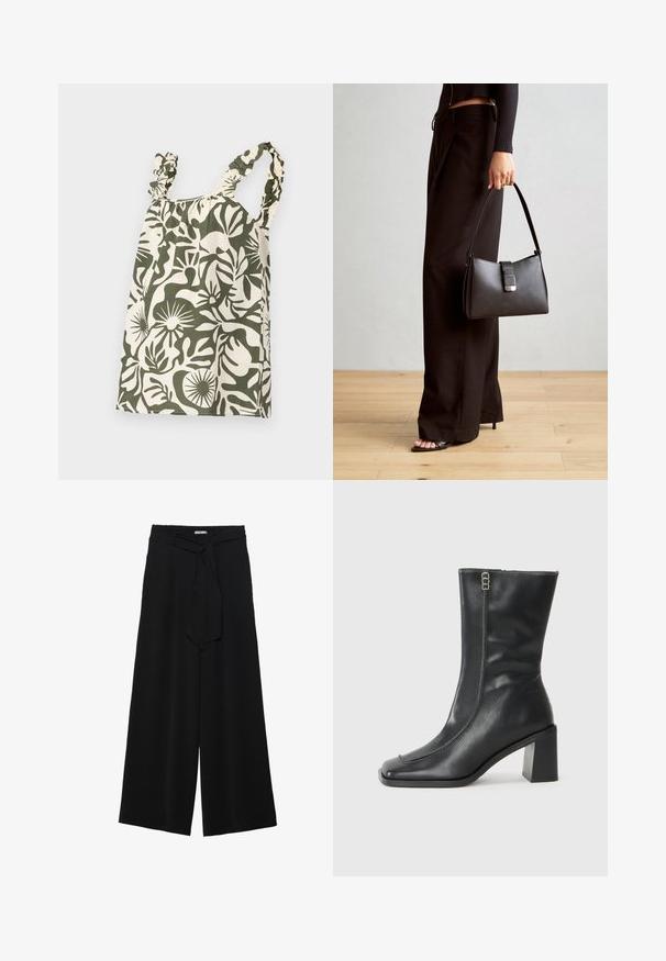 Haut en coton à motif floral vert et crème avec des bretelles à volants et un décolleté froncé, offrant une coupe ample et décontractée.; Pantalons larges noirs en tissu texturé, avec une taille élastique et une ceinture à nouer amovible à la taille pour un ajustement variable.; Bottine en cuir noir avec un bout carré, fermeture éclair sur le côté et un talon épais et carré. Présente des coutures contrastées le long de la couture avant.; Sac à main noir à la forme structurée, texture lisse et fermoir métallique. Associé à un pantalon noir ample et des sandales ouvertes sur un sol en bois.