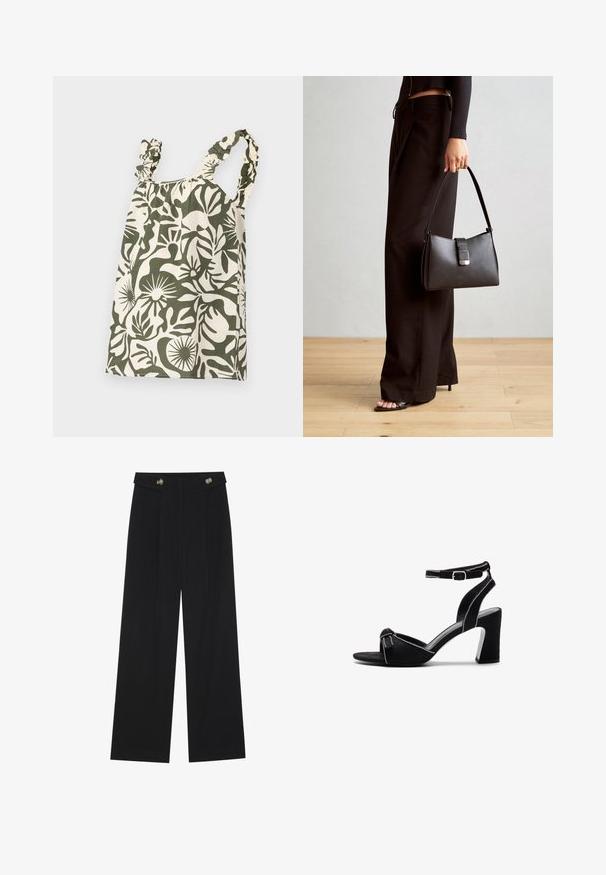 Grønn og kremfarget bluse i bomull med blomstermønster, prydet med volangskulderstropper og rynket halslinning, som har en løs og avslappet form.; Svart vide bukser med høy midje, knappdetaljer på midjebåndet og frontplisser.; Sorte semskede hælede sandaler med en bred blokhæle, justerbar ankelrem, åben tå-design og kontrastsyede detaljer.; Svart håndveske med strukturert form, jevn tekstur og metallisk lås. Kombinert med brede svarte bukser og sandaler med åpen tå på tregulv.