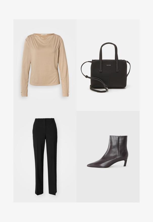 Beige langärmliges Oberteil mit drapiertem Ausschnitt, glatter Textur und Knopfdetails an den Manschetten, gefertigt aus einem weichen, dehnbaren Stoff.; Schwarze, taillierte Hose mit geradem Bein, aus einem glatten Stoff und mit klaren Falten an der Vorderseite. Keine sichtbare Hardware.; Schwarze Leder-Ankle-Boots mit spitzem Zehenbereich und niedrigem Kitten-Absatz, glatte Oberfläche, seitlicher Reißverschluss, vor einem neutralen Hintergrund präsentiert.; Schwarze Handtasche mit zwei kurzen, doppelt geflochtenen Griffen und einem abnehmbaren Schulterriemen. Glattes, lederähnliches Material mit einem Reißverschluss und Logodetail.