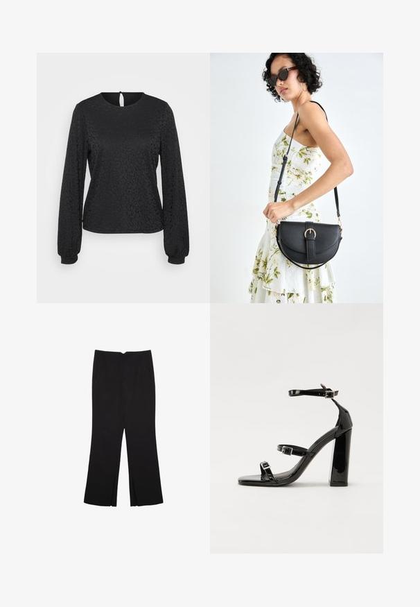 Schwarze Bluse mit langen Ärmeln im strukturierten Leopardenmuster, Rundhalsausschnitt und einer Schlüsselverschluss-Rückseite. Elastische Bündchen verbessern die Passform.; Schwarze Hose mit geradem Schnitt, ausgestattet mit Fronttaschen und Seitenschlitzen am Saum. Hergestellt aus weichem, glattem Stoff. Geeignet für verschiedene Anlässe.; Schwarze patentierte Sandalen mit Absatz, quadratischer Spitze, Knöchelriemen und silbernen Schnallen. Mit einem stabilen Blockabsatz für mehr Stabilität.; Schwarze Lederhandtasche mit geschwungener Form, abnehmbarem Tragegurt und goldenen Beschlägen. Die Tasche verfügt über einen Deckel mit einer Schnallen-Details.