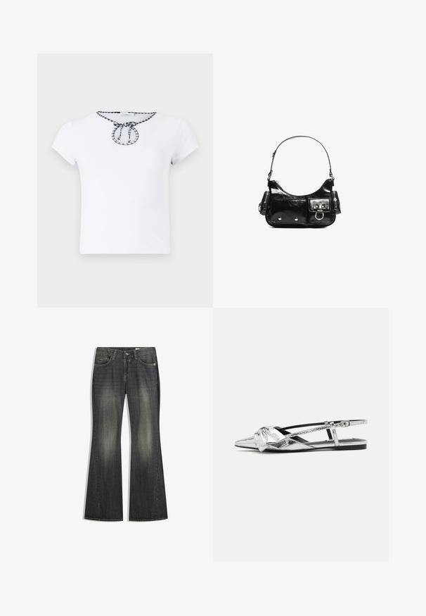 Witte t-shirt met korte mouwen, voorzien van een ronde halslijn met een zwart-wit geblokt trekkoorddetail aan de kraag. Zachte stoftekstuur.; Uitlopende spijkerbroek van donker denim met een lichte vervaging, vijf zakken en contraststiksels, voorzien van een standaard knoop- en ritssluiting.; Zilver metallic slingback ballerina's met een spitse neus, voorzien van een knoopdetail aan de voorkant en een verstelbare band voor een secure pasvorm.; Zwarte laarzen in lakleer met een gebogen vorm, één schouderband, voorvakken en accenten in zilverkleurig metaal.