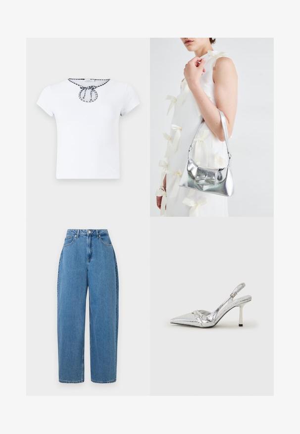 White short-sleeve t-shirt featuring a round neckline with a black and white checkered drawstring detail at the collar. Soft fabric texture.; Light blue denim trousers with a straight-leg fit, high waist, and front button closure. Features five pockets and minimal stitching details.; Silver slingback high heel shoe with a pointed toe, metallic finish, two decorative straps, and a slender heel with a black tip.; Silver metallic handbag with a structured shape, featuring a top handle and bow detail on the front. Smooth texture, reflective finish.
