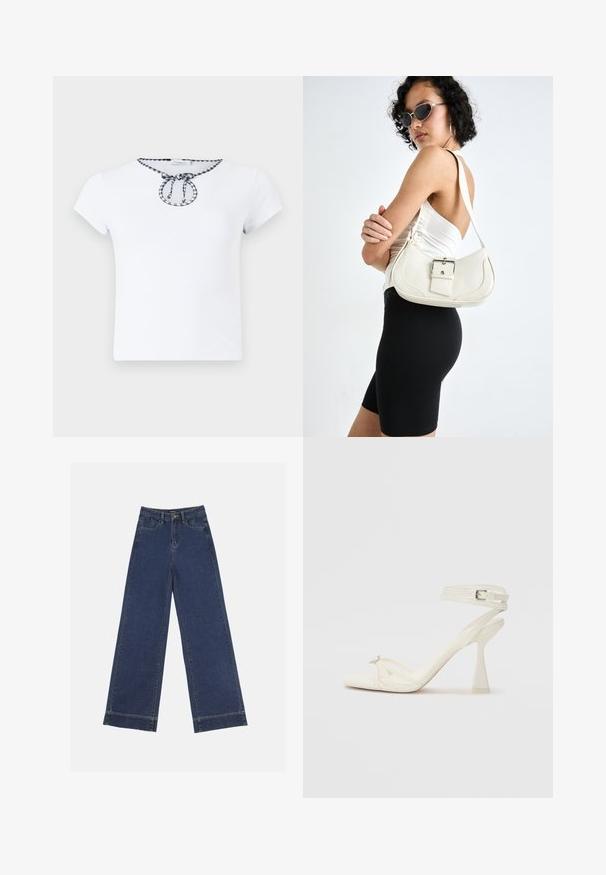 Bjela kratka majica s kratkim rukavima sa okruglim izrezom i crno-bijelim kariranim detaljem s vezicom na izrezu. Meka tkanina.; Široke traperice u tamnoplavom denimu. Imaju pet džepova, petlje za pojas i siroki rub na dnu s vidljivim detaljima šavova.; Bijela kožna sandala na visokom potpetici s trakama, elegantnog dizajna, s prozirnom blok potpeticom i dekorativnim elementom na prstima.; Bijela kožna torbica s zakrivljenim oblikom, podesivim remenom i malim detaljem kopče. Model nosi usklađeni crni outfit.