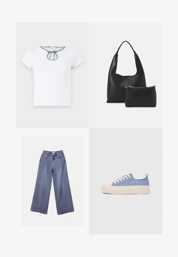 T-shirt branca de manga curta com um decote redondo e um detalhe de cordão xadrez preto e branco na gola. Textura de tecido suave.; Calças de ganga de perna larga numa lavagem azul clara, com uma cintura alta, bolsos frontais e fecho de botão com passadores para cinto.; Ténis de lona azul claro com uma biqueira e sola de borracha creme, apresentando atacadores brancos e uma alça na parte de trás.; Even&Odd Mala de mão - black