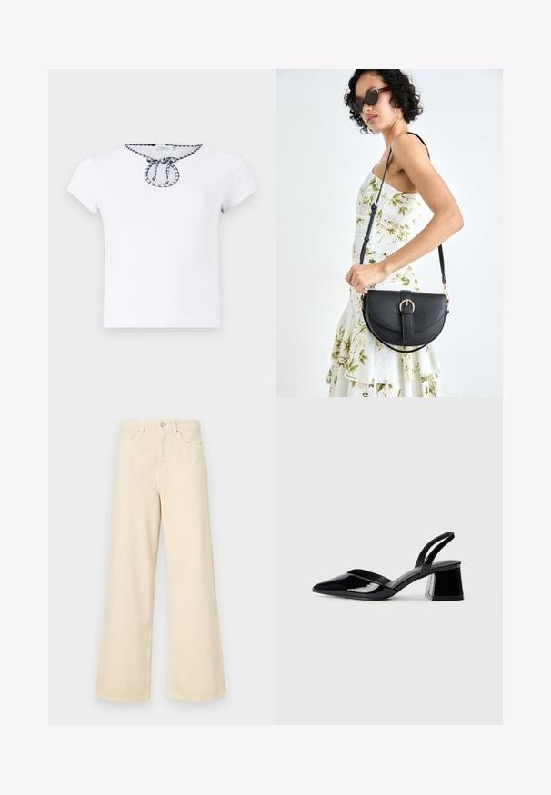 T-shirt branca de manga curta com um decote redondo e um detalhe de cordão xadrez preto e branco na gola. Textura de tecido suave.; Jeans de perna larga bege feitos de algodão. Apresentam um fecho de botão, passadores para cinto e bolsos frontais com uma textura lisa e suave.; Sandy em verniz preto com salto slingback, ponta afilada e salto geométrico. Apresenta um design elegante e minimalista com textura suave.; Bolsa de couro preta com forma curva, alça destacável e detalhes em dourado. A bolsa possui uma aba com detalhe de fivela.