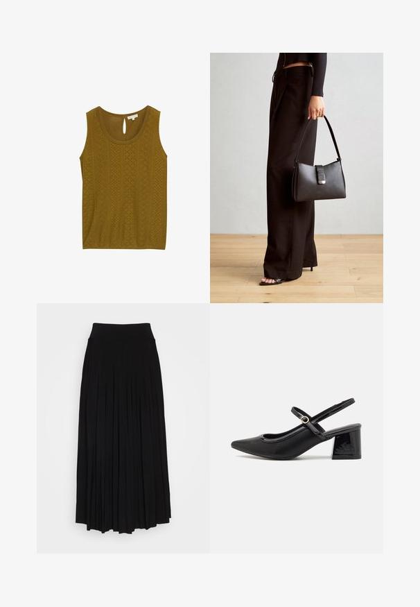 Olijfgroen mouwloze top met een textuurpatroon en uitsnijdingen, en een keyhole sluiting aan de achterkant. Zachte stof en een ontspannen pasvorm.; Zwarte plissé rok met een hoge, elastische tailleband. Gemaakt van zachte stof, met verticale plooien voor een vloeiende silhouet.; Zwarte gepolijste leren slingback hakken met een spitse neus, een ronde uitsnede en een blokhak. Voorzien van een gouden gespaccent.; Zwarte handtas met gestructureerde vorm, gladde textuur en een metalen sluiting. Gecombineerd met brede zwarte broeken en sandalen met open teen op een houten vloer.