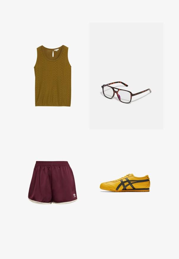 Olivengrøn, ærmeløs top med struktureret mønster, samt udskæringer og en nøglehul-lukning i ryggen. Blødt stof og afslappet pasform.; adidas Originals SPRINTER - Shorts - maroon cream white; Gul læder sportsko med sorte striber, rund tå og snørebåndsdesign. Har tekstureret gummisål og minimalistisk stil.; Skildpadde-mønstrede briller med rektangulære linser, sorte og orange stel, der har en blank finish og slanke stænger.; Bordeaux blødt stof håndtaske med en sammenpresset design og en lang rem, båret som crossbody. Modellen bærer en hvid cropped top og sorte jeans.