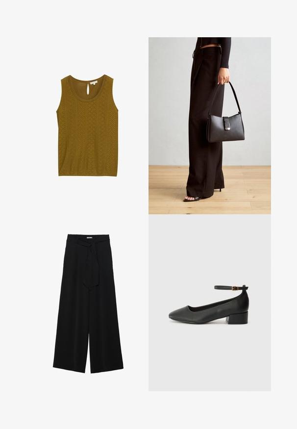 Olīvu zaļš bez piedurknēm augšdaļa ar teksturētu rakstu, kas iekļauj griezumus un atslēgas cauruma aizmugures aizdari. Mīksts audums un brīvs piegriezums.; Melni platleņķa bikses ar teksturētu audumu, elastīgu jostu un noņemamu siksnu viduklī, kas nodrošina regulējamu piegulšanu.; Melnas ādas sūkņi ar smailu purngalu un zemu bloku papēdi. Iezīmēts ar potītes siksniņu ar zelta krāsas sprādzi. Gluda tekstūra.; Melnā somiņa ar strukturētu formu, gludu tekstūru un metālu sprādzi. Saskaņota ar platām melnām biksēm un sandālēm ar atvērtu purngalu uz koka grīdas.