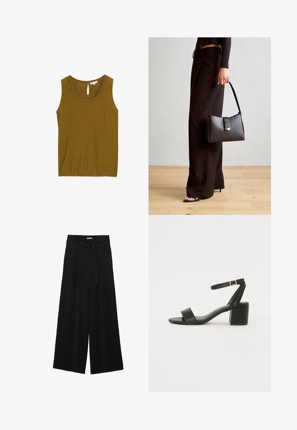 Oliwkowy bezrękawnik z fakturowanym wzorem, z wycięciami i zapięciem w kształcie łezki na plecach. Miękka tkanina i luźny fason.; Czarne spodnie szerokie z teksturowanej tkaniny, z elastycznym paskiem w talii i odpinanym paskiem w talii dla regulowanego dopasowania.; Czarne sandały na obcasie z gładkiej skóry, z odkrytymi palcami, szerokimi przednimi paskami oraz regulowanym paskiem na kostkę z detalem w postaci złotego zapięcia.; Czarna torebka o usztywnionym kształcie, gładkiej fakturze i metalowym zapięciem. Połączona z szerokimi czarnymi spodniami i sandałami na otwartym palcu na drewnianej podłodze.