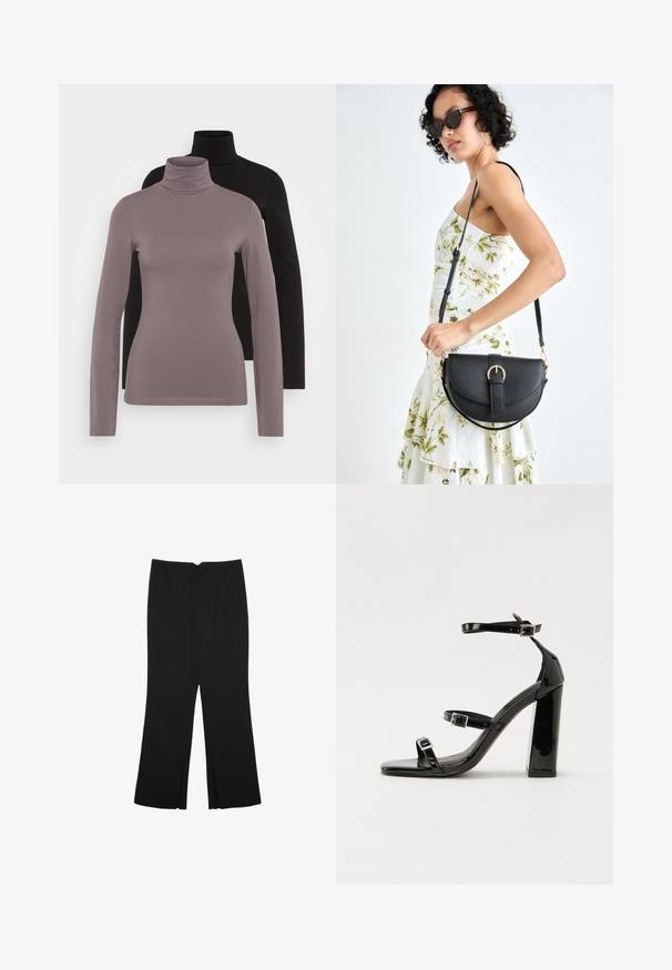 Dvoje tričiek s dlhým rukávom a stojatým golierom, jedno svetlosivé a druhé čierne, vyrobené z mäkkej, hladkej tkaniny s priliehavým strihom.; Čierne nohavice so strihom rovného strihu, s prednými vreckami a bočnými rozparkami na leme. Vyrobené z mäkkej, hladkej tkaniny. Vhodné na rôzne príležitosti.; Čierne lakované sandále na podpätku so štvorcovou špičkou, navlečenými remienkami okolo členku a striebornými prackami. Disponujú masívnym blokovým podpätkom pre stabilitu.; Čierna kožená kabelka s zaobleným tvarom, odnímateľným popruhom a zlatými doplnkami. Kabelka má klopu s detailom s prackou.