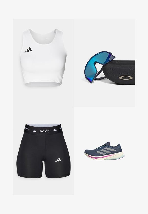 Crop top sportivo bianco realizzato in tessuto morbido, con scollatura rotonda e un logo nero accentato sul lato sinistro.; Shorts neri realizzati in tessuto elastico con un design aderente. Presentano una larga fascia in vita nera etichettata "TECHFIT" e un logo bianco sulla gamba.; Scarpa da corsa navy con parte superiore in rete, strisce argentate, dettagli in menta e suola ammortizzata con accenti rosa e teal per il massimo comfort.; Occhiali da sole avvolgenti di colore blu con un design sportivo, appoggiati su una custodia nera texturizzata con un accento di logo metallico.