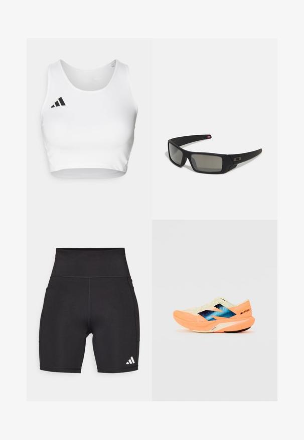 Weißes Sport-Crop-Top aus glattem Material, mit Rundhalsausschnitt und einem schwarzen Logo-Akzent auf der linken Seite.; Schwarze Sportshorts aus dehnbarem Material. Hoher Bund, Oberschenkel-lange, mit weißem drei Streifen-Logo auf der unteren linken Seite.; Laufschuh mit einem leichten cremefarbenen Obermaterial, blauer Markenkennung und orangefarbenen Akzenten an der Sohle. Mesh-Struktur für Atmungsaktivität.; Schwarze Sonnenbrille mit matter Oberfläche, rechteckigen Gläsern, leichtem Bogen an den Schläfen, dezentem Logo-Detail und rauchgetönten Gläsern.
