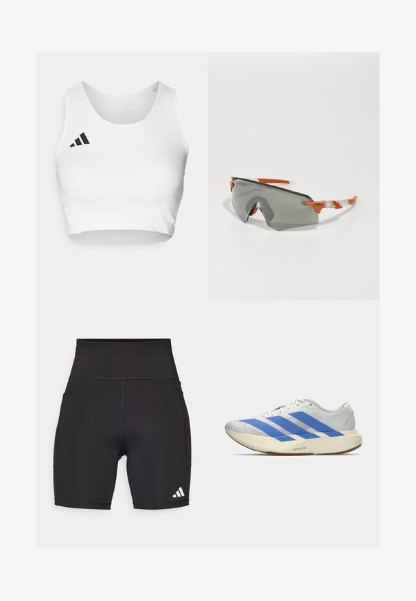 White sports crop top made of smooth fabric, featuring a round neckline and a black logo accent on the left side.; Black athletic shorts made of stretchy fabric. High waistband, mid-thigh length, with white three-stripe logo on the lower left side.; White athletic shoe with blue stripes, textured upper, flat sole, and "LIGHTSTRIKE PRO" branding on the side. Low-profile design.; Sport sunglasses with a gray lens, orange accents, and patterned white arms. Designed for performance with a wraparound shape.