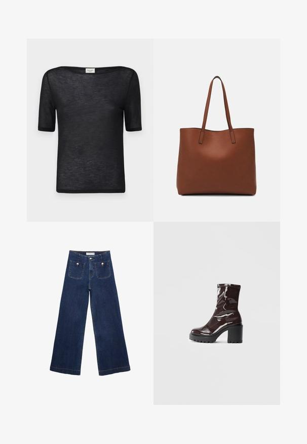 Černé tričko s krátkým rukávem a volným širokým výstřihem. Vyrobeno z lehké, průhledné látky s hladkou strukturou a jednoduchým designem.; Tmavě modré široké džíny z denimu, s dvěma předními kapsami se dekorativními knoflíky a rovně střiženým lemem.; Lesklá bordó kotníková bota s masivním černým podpatkem, se hladkým povrchem a jednoduchým designem. Žádné viditelné zapínání ani vzory.; Hnědá kožená taška přes rameno s hladkou texturou, otevřeným designem a dvěma ramenními popruhy. Obsahuje minimální švy a žádné viditelné kovové prvky.