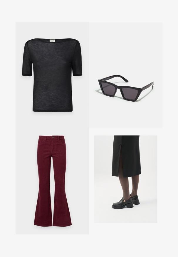 Fekete, rövid ujjú póló laza, széles dekoltárral. Könnyű, áttetsző anyagból készült, sima textúrával és egyszerű dizájnnal.; Bordó kordbársony széles szárú farmernadrág öt zsebel, elülső gombos záródással és texturált anyaggal. A széles szárak a térdtől a szegélyig terjednek.; Fekete bőr cipők lekerekített orral, vastag blokk sarkakkal és elasztikus oldalsó díszítésekkel, sötét harisnyával és hasítékkal ellátott fekete szoknyával párosítva.; Fekete, szögletes napszemüveg szürke lencsékkel; műanyagból készült, vastag karokkal, sima felülettel és látható hardver nélkül.; Fekete hobo táska sima bőrszerű anyagból, csavarodott füllel, puha, lekerekített formával és felső cipzárral záródik.