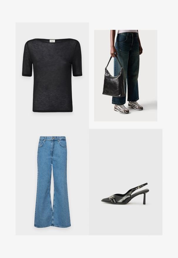 Black short-sleeve t-shirt with a loose, wide neckline. Made from a lightweight, sheer fabric with a smooth texture and simple design.; Light blue flared jeans made of denim, featuring a high waist, five pockets, and a single button closure. Soft texture with faded finish.; Black patent leather slingback shoe with pointed toe, ankle straps featuring silver buckles and hardware, and a slender heel.; Black leather shoulder bag with a smooth texture and adjustable strap, paired with faded wide-leg jeans and athletic sneakers.