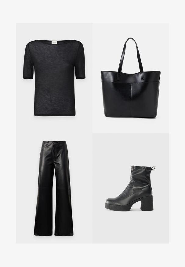 T-shirt preto de manga curta com um decote largo e solto. Feito de um tecido leve e transparente, com uma textura suave e um design simples.; Calças largas de imitação de couro pretas, de cintura alta, com botão frontal, fecho de correr, passadores de cinto e bolsos laterais sobre fundo branco.; Botas de tornozelo pretas feitas de couro liso, com fecho lateral, salto grosso texturizado e design de bico arredondado.; Bolsa tote preta em couro com duas alças longas, textura suave e forma estruturada. Apresenta um bolso frontal para armazenamento adicional.