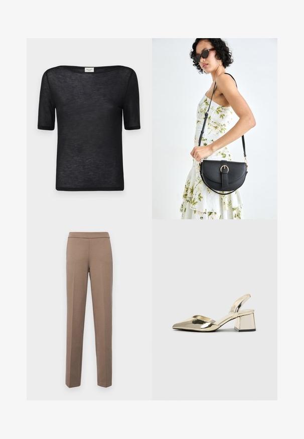 Czarny t-shirt z krótkim rękawem i luźnym, szerokim dekoltem. Wykonany z lekkiego, przezroczystego materiału o gładkiej fakturze i prostym wzornictwie.; Brązowe, dopasowane spodnie z gładkiego, elastycznego materiału. Proste nogawki i płaski pas bez widocznych elementów metalowych lub kieszeni.; Złote, metaliczne szpilki z boku z wydłużonym noskiem i grubym obcasem. Gładka faktura, minimalistyczny design i wąski pasek.; Czarna skórzana torebka o zakrzywionym kształcie, z odpinanym paskiem i złotymi akcentami. Torebka posiada klapę z zapięciem w kształcie klamry.