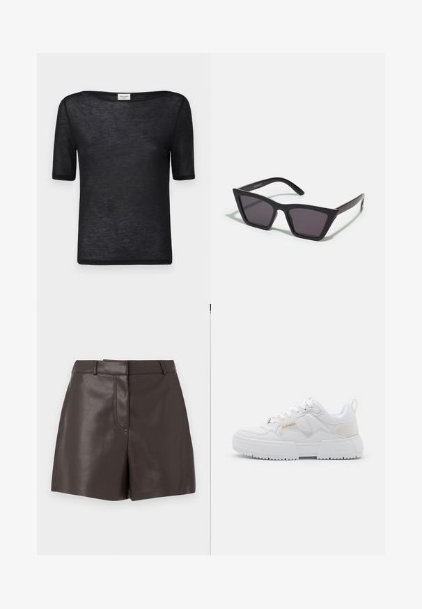 Svart t-skjorte med korte ermer og vid, løs halslinning. Laget av et lett, gjennomsiktig stoff med en glatt tekstur og enkelt design.; Brune skinnshorts med en jevn tekstur, med en front søm, beltehemper og to sidelommer. Designet for en tettsittende silhuett.; Hvite sneakers med en kraftig design, som har lær- og syntetiske materialer, teksturerte detaljer, snørebånd og en fremtredende logo i gull.; Svarte, kantete solbriller med grå linser; laget av plast, med tykke stenger som har en glatt overflate og ingen synlige festemidler.; Svart hobo-bag laget av glatt, læraktig materiale med et tvistet håndtak, som har en myk, avrundet form og en glidelås lukking på toppen.; Sølv hoops øredobber med en tvistet design, som har en polert finish og bakstøtte. Mål omtrent 3 cm i diameter.