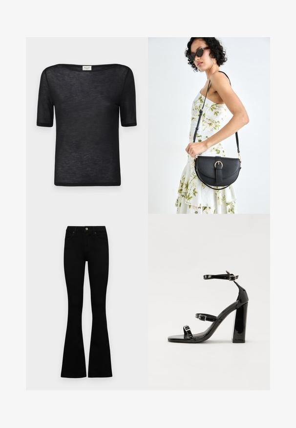 Tricou negru cu mânecă scurtă, cu decolteu larg și lejer. Fabricat dintr-un material ușor, translucid, cu o textură netedă și un design simplu.; Jeans negri cu talie înaltă, cu închidere prin nasture și fermoar, buzunare frontale și picioare evazate, așezați pe un fundal alb.; Sandale cu toc din patent negru, cu vârf pătrat, curele la gleznă și catarame din argint. Dispune de un toc gros pentru stabilitate.; Geantă din piele neagră, cu o formă curbată, curea detașabilă și accesorii aurii. Geanta are un capac cu un detaliu tip cataramă.