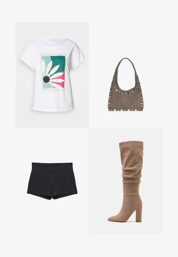 Bílý tričko s krátkým rukávem, které má grafický potisk listů a černý kruh na tyrkysovém, růžovém a krémovém pozadí. Měkký bavlněný materiál.; Černé, přiléhavé šortky s širokým pasem, vyrobené z měkké, elastické látky. Konce nohavic jsou hladké bez viditelných zapínání nebo vzorů.; Anna Field Vysoká obuv - beige; PULL&BEAR SHOPPER - Velká kabelka - grey