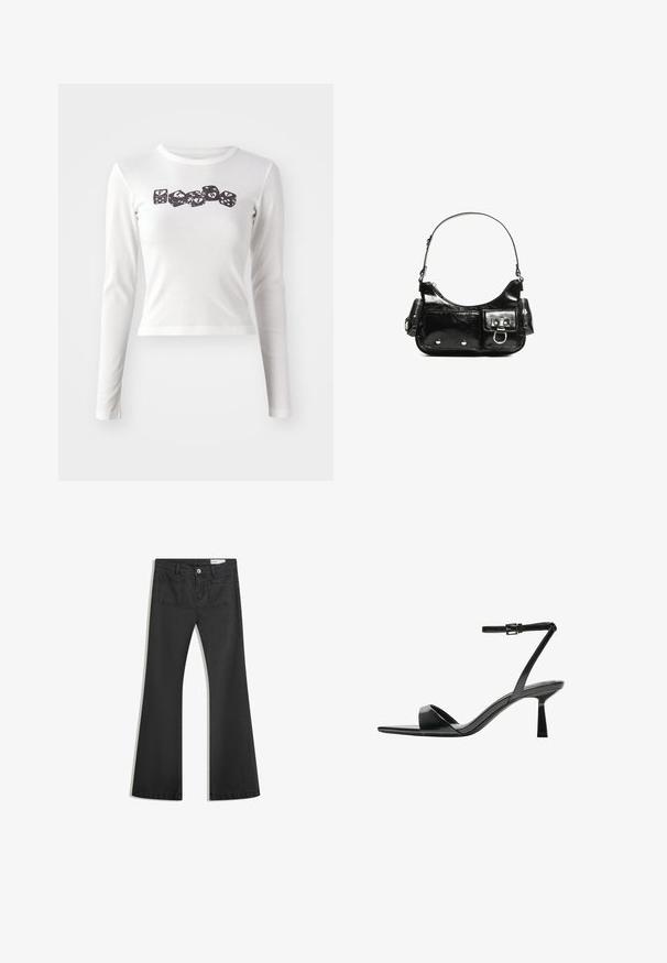 Hosszú ujjú fehér ing, puha anyagból, fekete kocka mintával, rajta betűk. Szűk fazonú, kerek nyakkivágással és derékig érő hosszúsággal.; Fekete, sima textúrájú farmer flare nadrág, két hátsó zsebbel és gombos derékkal.; Bershka Magas sarkú szandálok - black; Fekete lakkbőr kézitáska ívelt formával, egy vállpánttal, elülső zsebekkel és ezüstszínű fémrészletekkel.