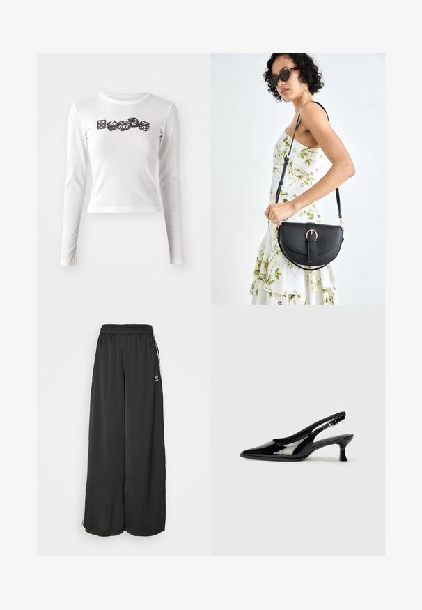 Ilga rankovė balta marškinė su švelnia medžiaga, puikuojasi juodomis kauliukų ir raidžių atspaudais. Lietas, su apvalia iškirpte ir vidurio liemens ilgiu.; Juoda laisva kelnės sportui, pagamintos iš lygios medžiagos. Turi elastinį juosmenį ir šonines juosteles su logotipo akcentais.; Juodų lakinės odos slingback batų su smailiu šonu ir žemu blokiniu kulnu. Reguliuojama sagtis aplink kulkšnį.; Juodas odinis krepšys su išlenkta forma, nuimamu dirželiu ir auksiniais detalėmis. Krepšys turi kilpą su sagtimi.