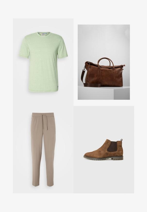 Tricou scurt cu mâneci scurte de culoare verde deschis, fabricat dintr-un material moale. Are un guler rotund și o textură discretă heathered. Eticheta este vizibilă în interiorul gulerului.; Pantaloni bej deschis cu un brâu elastic, șnur ajustabil și picioare conice. Materialul pare neted, cu un ușor luciu.; Botină Chelsea din suede maro, cu panouri laterale elastice, o buclă de tragere și o talpă din cauciuc texturată, având caneluri pentru aderență.; Geantă de voiaj din piele maro, cu închidere cu fermoar, mânere duble, curea de umăr ajustabilă și modele de textură vizibile pe suprafață.