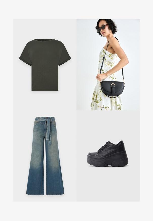 Olíva zöld, rövid ujjú póló, puha anyagból készült, kerek nyakkivágással és felgöngyölt ujjakkal. Egyenes szabású, egyszerű dizájnnal.; Bőszárú farmernadrág, világos és sötétkék árnyalatokkal, magas derekú, övgyűrűkkel és a nadrággal megegyező anyagú övvel. Textúrált farmer kivitel.; Fekete fűzős sportcipők vastag talppal, sima bőrből készült felső résszel, kerek orral és jellegzetes, réteges platform dizájnnal.; Fekete bőrtáska ívelt formával, levehető pánttal és arany színű fémrészekkel. A táskán egy csattal díszített fedél található.