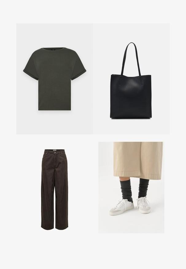 Olivnozelena majica s kratkimi rokavi iz mehkega blaga, ki ima okroglo ovratnico in zvite manšete. Naravnost rezana z preprostim dizajnom.; Široke hlače v temno rjavi barvi, izdelane iz bombaža, z klasičnim pasom, zadrgo, petimi žepi in minimalističnimi šivi.; Bele in sivi športni copati z črnim naglasom na peti, ki imajo gladko usnjeno zgornjišče in teksturirano zamahano konico. Nosi se z temno sivimi, ohlapnimi nogavicami.; Črna usnjena torba s svilnato teksturo, pravokotne oblike in dvema dolgima ročajema. Brez vidnih metalnih delov ali okrasnih elementov.