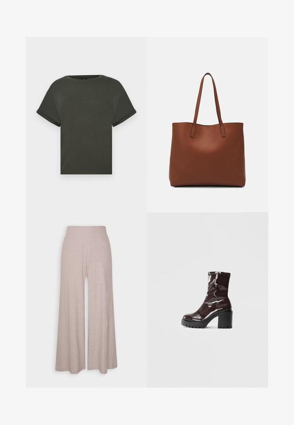 Olijfgroene T-shirt met korte mouwen van zachte stof, met een ronde halslijn en opgerolde manchetten. Rechte snit met een eenvoudig ontwerp.; Lichtgrijze, wijde broek van zacht, geribbeld materiaal, met een hoge tailleband en volledige lengte benen met een subtiele textuur.; Glanzende bordeauxrode enkelboot met een chunky zwarte hak, met een gladde textuur en een eenvoudig ontwerp. Geen zichtbare sluitingen of patronen.; Bruine leren tote bag met een gladde textuur, een ontwerp met een open bovenkant en twee schouderbanden. Kenmerkt zich door minimale stiksels en geen zichtbare hardware.
