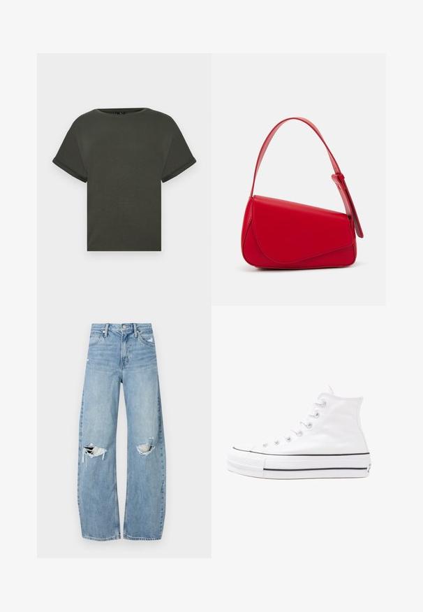Oliven grøn T-shirt med korte ærmer lavet af blødt stof, med rund halsudskæring og opkørte manchetter. Lige skåret med et enkelt design.; Lysblå, højtraljede jeans lavet af denim. Har brede ben, to huller ved knæene og klassisk fem-lommes stil.; Hvide høje kanvas sneakers med sort gummisål, gummitåhætte foran og seks øjehuller til snørebånd, der har et rent, minimalistisk design.; Rød læderhåndtaske med et kantet, geometrisk design. Har en enkelt justerbar rem og en klaplukning med syede detaljer.