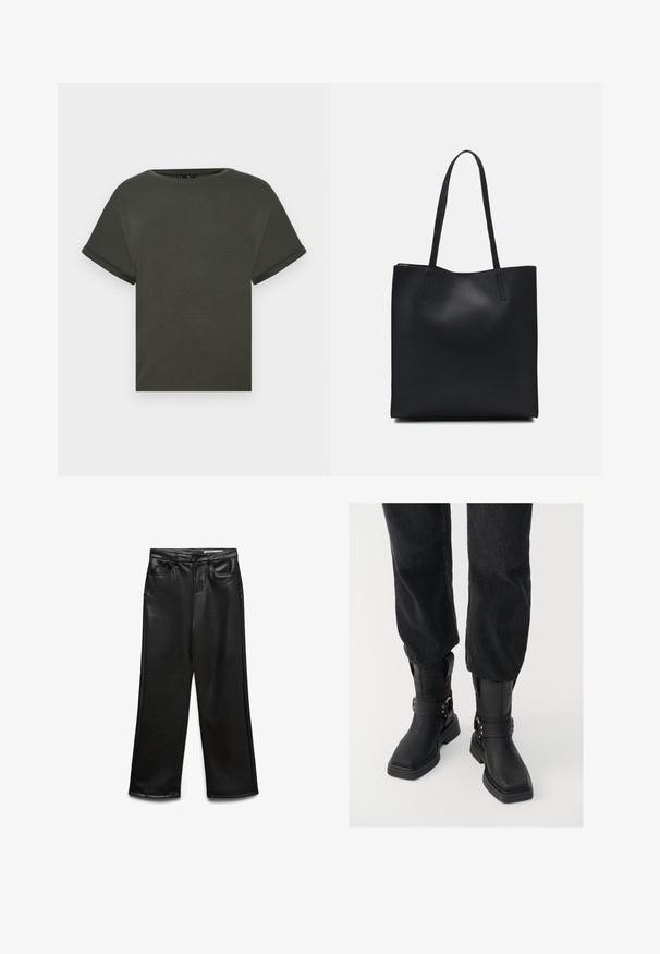 Oliivivihreä lyhythihainen T-paita pehmeästä kankaasta, pyöreällä kaula-aukolla ja käärityillä hihoilla. Suora leikkaus yksinkertaisella designilla.; Mustat keinonahkaiset leveälahkeiset housut, joissa on etutaskut, vyölenkit ja hienovarainen kiilto. Sileä pinta ja räätälöity istuvuus.; Mustat nahkasaappaat nilkkamittaisilla neliön muotoisilla varpailla, joissa on leveä hihna ja metallinen solkiyksityiskohta. Saappaat ovat paksupohjaiset ja niiden pinta on sileä.; Mustapahkainen kangaskassi, jossa on sileä pinta, suorakaiteen muotoinen ja kaksi pitkää kahvaa. Ei näkyvää metalliosaa tai koristeita.