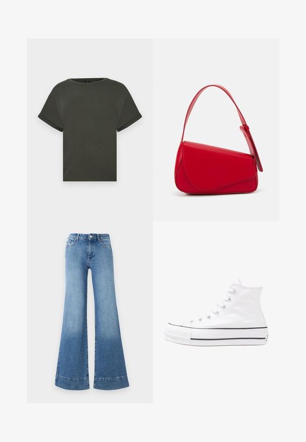 Oliven grøn T-shirt med korte ærmer lavet af blødt stof, med rund halsudskæring og opkørte manchetter. Lige skåret med et enkelt design.; Lys blå denim flared jeans med høj talje, brede ben og en let falming. Har klassisk fem-lomme-design og metal knaplukning.; Hvide høje kanvas sneakers med sort gummisål, gummitåhætte foran og seks øjehuller til snørebånd, der har et rent, minimalistisk design.; Rød læderhåndtaske med et kantet, geometrisk design. Har en enkelt justerbar rem og en klaplukning med syede detaljer.