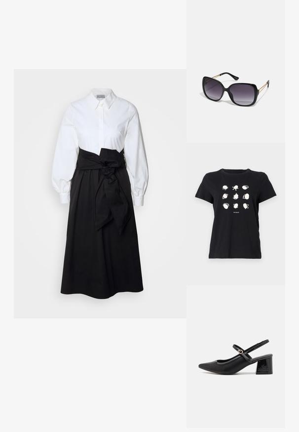 Black cotton t-shirt featuring white printed shell and sea creature illustrations arranged in a grid, with a round neckline and short sleeves.; White button-up top with long puff sleeves, paired with a black skirt and fabric belt tied at the waist, made from smooth cotton material.; Black patent leather slingback heels with a pointed toe, a rounded cutout design, and a block heel. Features a gold-tone buckle accent.; Black oversized sunglasses with gradient lenses, thick frames, and gold-tone chain detailing on the temple arms.; Black tote bag made of synthetic material, featuring simple rectangular design, gold square accents, and double handles.