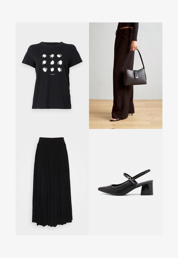 Black cotton t-shirt featuring white printed shell and sea creature illustrations arranged in a grid, with a round neckline and short sleeves.; Black pleated skirt with a high, stretchy waistband. Made from soft fabric, featuring vertical pleats for a flowing silhouette.; Black patent leather slingback heels with a pointed toe, a rounded cutout design, and a block heel. Features a gold-tone buckle accent.; Black handbag with structured shape, smooth texture, and a metallic clasp. Paired with wide black pants and open-toe sandals on wooden floor.