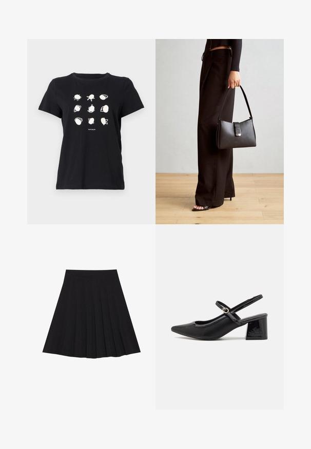 T-shirt en coton noir avec des illustrations imprimées de coquillages et de créatures marines en blanc disposées en grille, avec un col rond et des manches courtes.; Jupe plissée noire en tissu texturé avec une taille ajustée. Arrive au genou, présentant une silhouette lisse et épurée.; Escarpins slingback en cuir verni noir avec un embout pointu, un design à découpes arrondies et un talon carré. Présente un accent de boucle en ton doré.; Sac à main noir à la forme structurée, texture lisse et fermoir métallique. Associé à un pantalon noir ample et des sandales ouvertes sur un sol en bois.