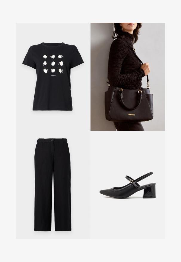 Schwarzes Baumwoll-T-Shirt mit weißen Druckillustrationen von Muscheln und Meereslebewesen, die in einem Raster angeordnet sind, mit rundem Halsausschnitt und kurzen Ärmeln.; Schwarze, weite Hosen aus einem leichten Stoff, mit einem vorderen Knopfverschluss und Gürtelschlaufen. Glatte Textur ohne sichtbare Muster.; Schwarze Lackleder-Slingback-Absätze mit spitzer Zehenform, einem runden Ausschnitt-Design und einem Blockabsatz. Mit einem goldfarbenen Schnallenakzent.; Schwarze Handtasche mit strukturierten Oberflächen, doppelten Obergriffen und verstellbarem Schultergurt. Mit goldfarbener Hardware und Seitentaschen.