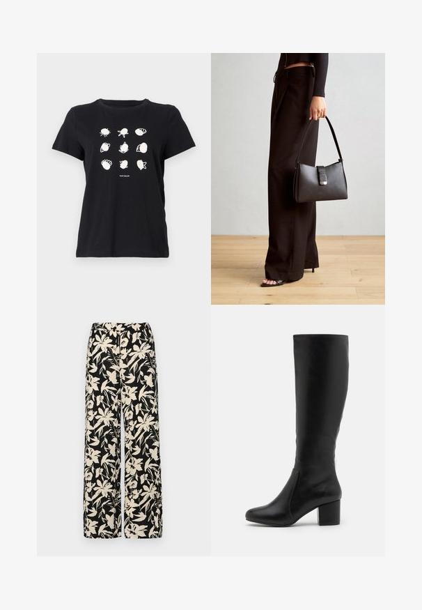 Schwarzes Baumwoll-T-Shirt mit weißen Druckillustrationen von Muscheln und Meereslebewesen, die in einem Raster angeordnet sind, mit rundem Halsausschnitt und kurzen Ärmeln.; Schwarze weit geschnittene Hose mit einem cremefarbenen Blumenmuster. Hergestellt aus leichtem Stoff, mit einer glatten Textur und einem hohen Bund.; Knielange schwarze Lederstiefel mit glatter Textur, abgerundeter Zehenpartie, Seitenpaneel und einem massiven Blockabsatz.; Schwarze Handtasche mit strukturierter Form, glatter Textur und einem metallischen Verschluss. Kombiniert mit weiten schwarzen Hosen und offenen Sandalen auf einem Holzboden.