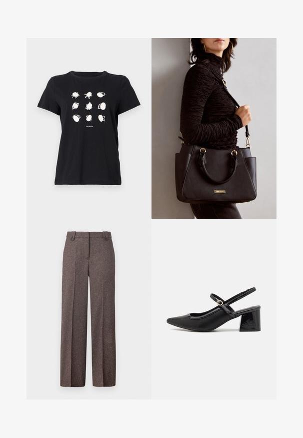 Schwarzes Baumwoll-T-Shirt mit weißen Druckillustrationen von Muscheln und Meereslebewesen, die in einem Raster angeordnet sind, mit rundem Halsausschnitt und kurzen Ärmeln.; Braune weite Hosen aus strukturiertem Stoff. Verfügt über zwei Vordertaschen und eine taillierte Passform mit zwei Knöpfen am Bund.; Schwarze Lackleder-Slingback-Absätze mit spitzer Zehenform, einem runden Ausschnitt-Design und einem Blockabsatz. Mit einem goldfarbenen Schnallenakzent.; Schwarze Handtasche mit strukturierten Oberflächen, doppelten Obergriffen und verstellbarem Schultergurt. Mit goldfarbener Hardware und Seitentaschen.