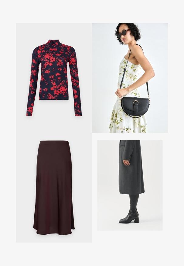 Marineblå langærmet turtleneck med rødt blomstermønster, tætsiddende design og blød tekstur, med høj krave og slank pasform.; Burgunder satin midi-nederdel med en glat tekstur, lige pasform og en let udvidet kant. Ingen synlige mønstre eller hardware-detaljer.; Grå, skræddersyet frakke med lige snit; parret med knæhøje sorte læderstøvler med firkantet tå og kraftig hæl.; Sort læderhåndtaske med en buet form, aftagelig rem og guldfinish. Tasken har en klap med en spænde detalje.